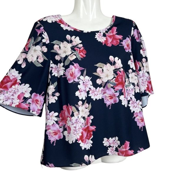 Portmans Tops - Portmans Women’s Floral Top Blouse Navy Blue & Pink Short Sleeve Spring Size 8